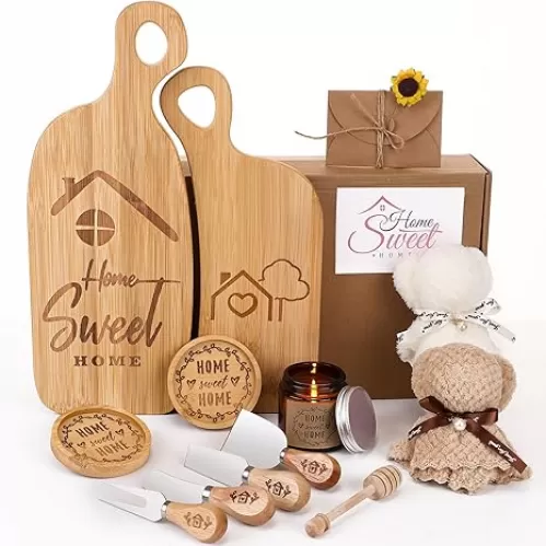 14 Pcs House Warming Gifts Home Housewarming Gifts for New House Include Bamboo Serving Board Knife Set Coaster Scented Candle Towel Greeting Card Sticker Stirring Rod for Couple Women Men