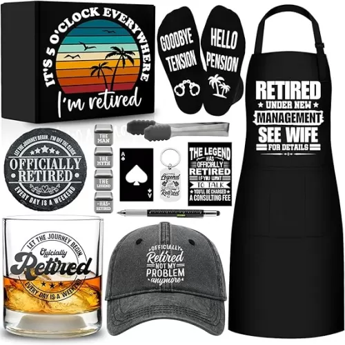 15 Pcs 2025 Retirement Gifts for Men Whiskey Glass Set, The Legend Has Retired, Funny Retired Supplies with 11 Oz Whisky Glass Coaster Stones Apron Baseball Cap Socks for Dad, Coworker, Boss, Grandpa