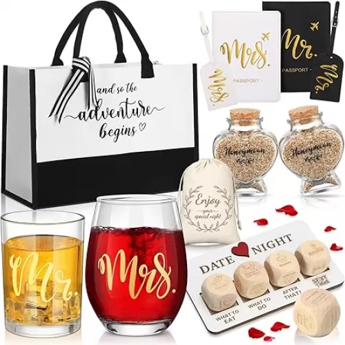 16 Pcs Wedding Honeymoon Gifts for Couple Mr Mrs Newlyweds Bridal Shower Engagement Gifts with Glass Date Night Dice Passport Baggage Holder Jar Tote Bag(Mr and Mrs)