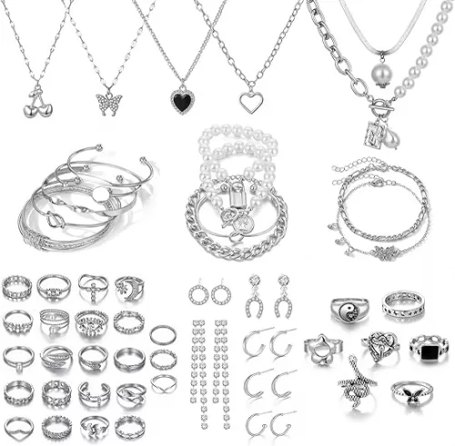 17IF 53 PCS(8 PACK) Silver Plated Jewelry Set with 6 Necklace 11 Ankle Bracelet 30 Kunckle Ring 6 Pair Earring hoop Vintage Boho Pearl for Women Birthday Travel Holiday