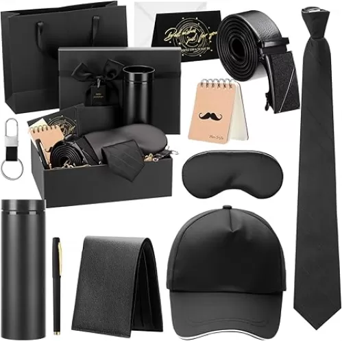 2 Pcs Birthdays Gift Baskets for Men Box 16 oz Tumbler Wallet Eye Mask PU Leather Belt Tie Keychain Pen Journal Hat Card Set for Dad Husband Brother(Bow Gift Box)