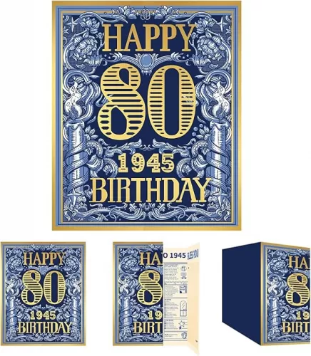 2025 80th Birthday Greeting Card, 80 Years Old Birthday Gift Card, Memory Back In 1945, Vintage Blue Gold（Envelope）