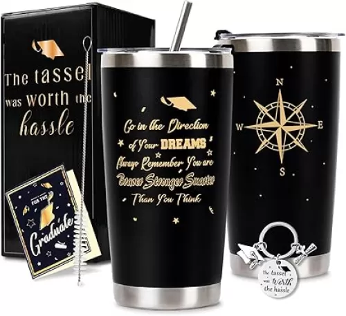 2025 Graduation Gift for Him Tumbler 20 oz Black Wine Tumbler Cup with Lid, Straw, Brush, Keychain and Card Set with Gift Box for High School College Male Graduates