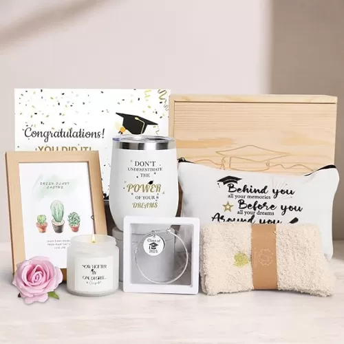 2025 Graduation Gifts, Congratulations Gifts for Her with 12 OZ Wine Tumbler, Candle, Frames, Keychain, Senior College Graduation Gifts for Daughter Son Niece Nephew, Personalized Makeup Bag for Friend