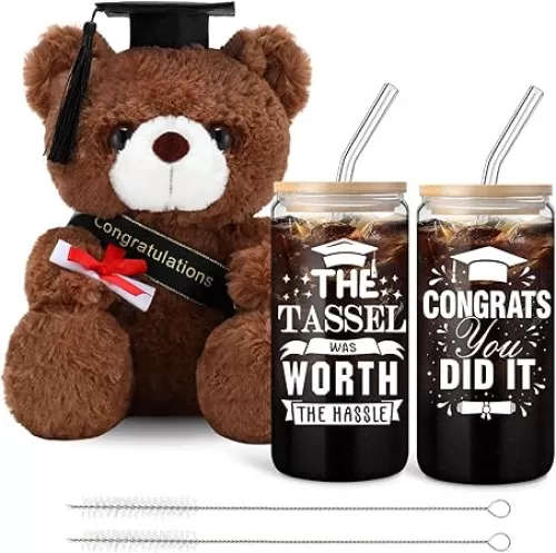 2025 Graduation Gifts for Her Graduation Stuffed Bear and 16oz Glass Cups Class of 2025 Congrats Grad Gifts Basket Set College Senior High New Job Congratulations(White)