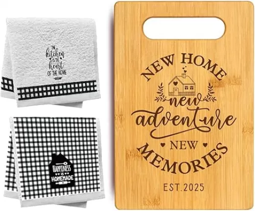 2025 Housewarming & Wedding Gifts Set - Bamboo Cutting Board with 2 Kitchen Towels | Sweet Home Essentials for Couples, Neighbors & New Homeowners (Anniversary/Birthday Ready)
