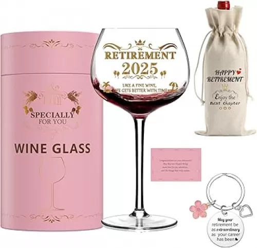 2025 Retirement Gifts for Women, Personalized Art Words Red Wine Glass Set, Pink Gift Package with Goblet, Key Chain, Wine Bag, and Farewell Card for Retired Woman