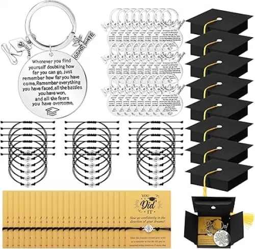 24 Sets 2025 Graduation Gifts Unisex Bracelets Comes in Cap Box with Quote Card Keychain for Class of 2025