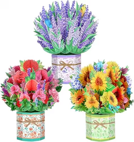 3 Pack Paper Flower Pop Up Cards, Forever Bouquet 3D Popup Paper Greeting Cards with Note Cards and Envelopes for all occasion, Mother