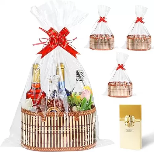 3 Set Baskets for Gifts Empty, Large Woven Bamboo Gift Basket Kit with Handles, Sturdy Empty Gift Baskets to Fill for Baby Shower, Birthday Party Wrapping Gift -3 Cellophane Wrap Bags, 3 Gift Cards