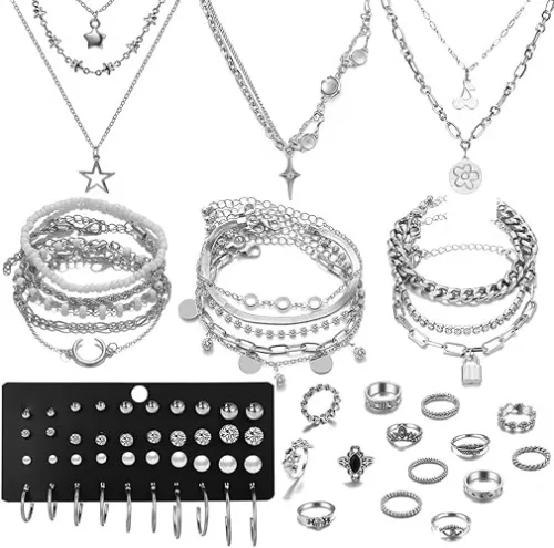37pcs Silver Jewelry Set With 3 PCS Necklace, 14 PCS Bracelet, 7 PCS Ear Cuffs Earring, 6pcs Hoop Earrings, 7pcs silver rings set For Women For Birthday Gifts