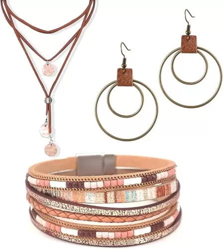 3PCS Western Jewelry for Women Bohemian Set, Boho Vintage Layered Necklace Dangle Drop Earrings Faux Leather Bracelet, Jewelry Sets for Women Gift