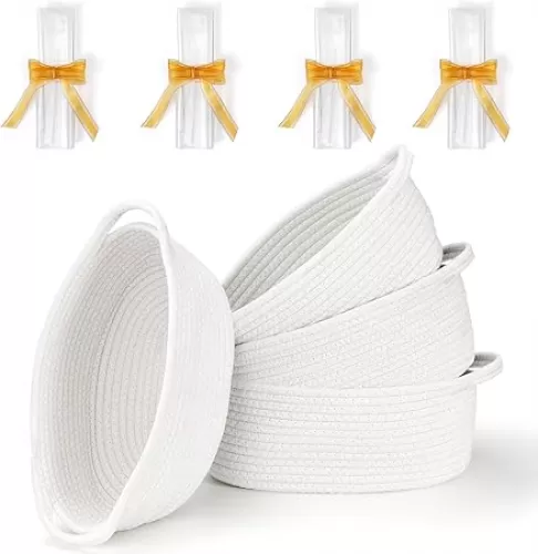 4 Pack Small Woven Basket with Handles, All 12"x 8"x 5", Cotton Rope Room Shelf Storage Basket, Cat Toys, Cute Baby Gift Basket with Gift Bags and Ribbons for Nursery, Empty Decorative Gift Chest Box