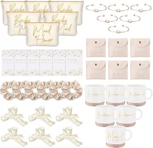 42 Pcs 6 Sets Bridesmaid Proposal Gifts Wedding Maid of Honor Gifts Ceramic Coffee Cups Cosmetic Makeup Bags Invited Cards Scrunchies Knotted Bracelets Jewelry Bags Hair Claw Clips(Champagne)