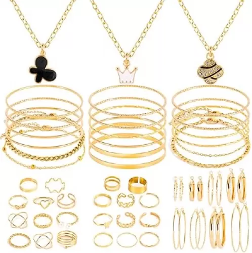 44-65pcs Golden Silver Plated Jewelry Sets Necklaces, Bracelets Bangles, Earring, Rings for Women Valentine Anniversary Birthday Friendship