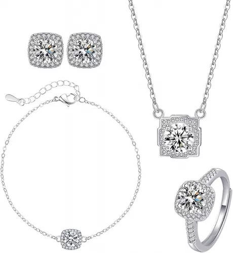 4pcs Cubic Zirconia Wedding Jewelry Sets for Bride Bridesmaid Cubic Zirconia Pendant Necklace Earrings Link Tennis Bracelet Open Ring Set for Women Birthday/Valentine's Day/Mother's Day/Christmas
