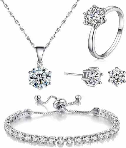 4pcs Set Zirconia Pendant Necklace Earrings Ring Bangle Set Silver Crystal Fashion Adjustable Zircon Jewelry for Women Wife Party Prom Engagement Wedding Gifts