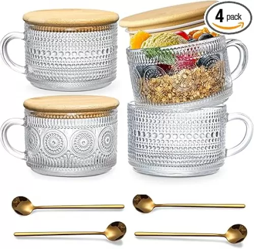 4pcs Vintage Glass Coffee Mugs Cups, Overnight Oats Containers Glass Cups Mugs with Bamboo Lids and Spoons - 14oz Clear Embossed Glass Cups, Cute Iced Coffee Glasses Gifts for women