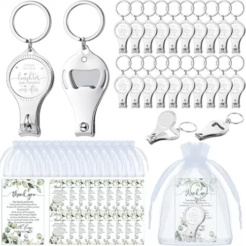 50 Sets Wedding Favors for Guests Cheers to Love Laughter and Happily Ever After Multi Function Bottle Opener Nail Clipper with Thank You Card Organza Bag Bridal Shower Thank You Gifts