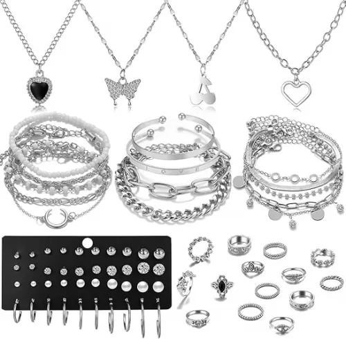 52 PCS Silver Plated Jewelry Set With 4pcsNecklace, 14pcs Bracelet, 20pcs Hoop Stud Earrings, 14pcs Rings Jewelry set For Women Friendship Gift