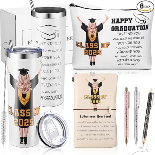 6 Pcs Class of 2025 Graduation Gifts for Her Girls Daughter Senior 2025 High School College PhD Masters Degree Graduation Gifts for Women 20 oz Graduation Cup Makeup Bag Leather Journal Ballpoint Pens