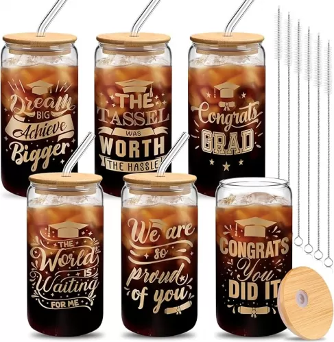 6 Set 2025 Graduation Gifts for Her Him Graduation Drinking Glass Cups the Tassel Was Worth the Hassle 16 oz Glass Cup with Lid Straw for Women Men College High School Master Degree (Gold)