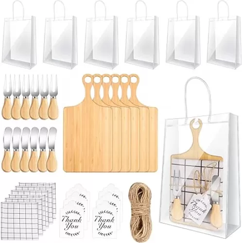 6 Sets 37 Pcs Bamboo Charcuterie Boards Sets Cheese Board with Bamboo Spoon Placemats Artificial Eucalyptus Stems Tags Bags for Wedding Bridal Shower Gift Housewarming Favors