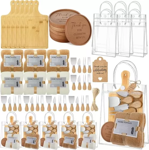 6 Sets Baby Shower Game Prizes for Winners Baby Shower Winners Guest Gifts Bamboo Cheese Board Cheese Knives Wooden Coasters Hand Towels Thank You Tags Bags for Wedding Bridal Favors