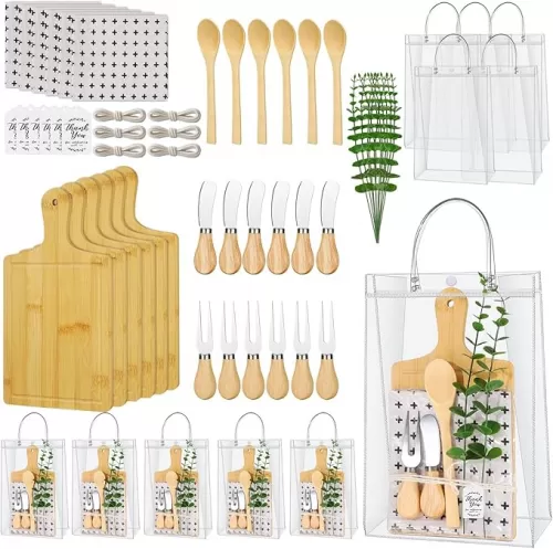 6 Sets Baby Shower Games Prize Pack – Winners Prize Set with Bamboo Cheese Board Set, Thank You Card and Gift Bags for Fun Baby Shower Game Gifts, Wedding & Bachelorette Party Favors