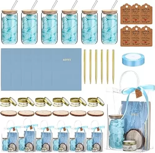 6 Sets Baby Shower Prizes for Play Winners Wedding Bridal Shower Gifts Baby Party Favors Including Glass Cans Notebooks Ballpoint Pen Soy Candles Wood Coaster Gift Bag Thank You Cards(Blue)