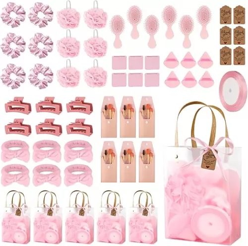 6 Sets Baby Shower Prizes for Winners Gifts Baby Shower Favors including Headband Hair Brush Compact Mirror Bath Sponges Powder Puff Hair Tie Claw Makeup Brushes Gift Bag Bridal Shower(Pink)