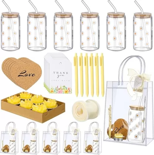 6 Sets Daisy Baby Shower Prizes for Game Players Baby Shower Winners Guest Gifts Candle Tumbler Coaster Pen Gift Bag Wedding Bridal Game Prizes Party Favors