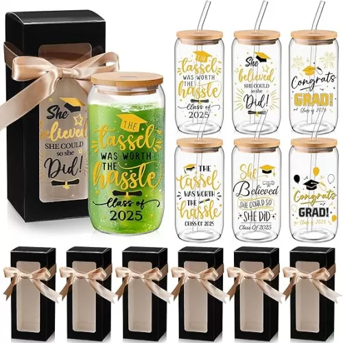6 Sets Graduation Gifts for Her Graduation Glass Cups Class of 2025 College Cup 16 oz Can Shaped Beer Glass with Lids Straws Brushes Class of 2025 Gift Box Ribbon(Black Gold)