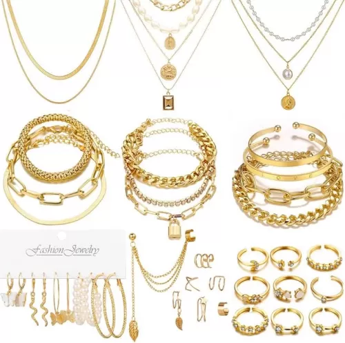 60 PCS Gold Jewelry Set with Multi-Layered Bracelet Necklace, Dangle Earrings, Stackable Ring For Women Valentine Anniversary Jewelry Pack Gifts For Her