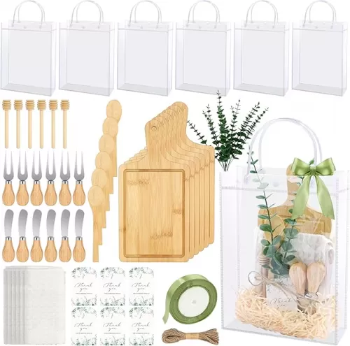 63 Pcs Baby Shower Prizes for Game Winners Adults- 6 Set Bamboo Cheese Boards with Knives, Forks, Spoons, Towels, Eucalyptus and Gift Bags for Baby Shower Favor Wedding Bridal Shower Prizes Gift