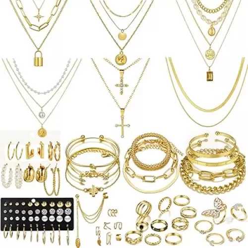 73 Pcs Gold Jewelry Set with 6Pcs Layered Necklace, 11 Pcs anklet and 7Pcs Earring Ear Cuff, 12Hoop Earrings , 15pcs Rings, 21pcs stud earrings Jewerly set for Women Pack for Friendship Party Gift