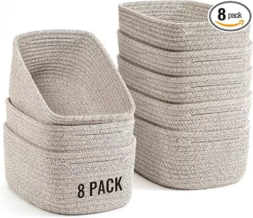 8 Pack Small Storage Baskets for Organizing, Woven Rope Bins for Bathroom, Closet, Shelf Organizer, Cute Cube Decorative Box for Towels, Baby Nursery, Toys, Gift Empty Baskets - 11.5"x7.5"x4.7"-Brown