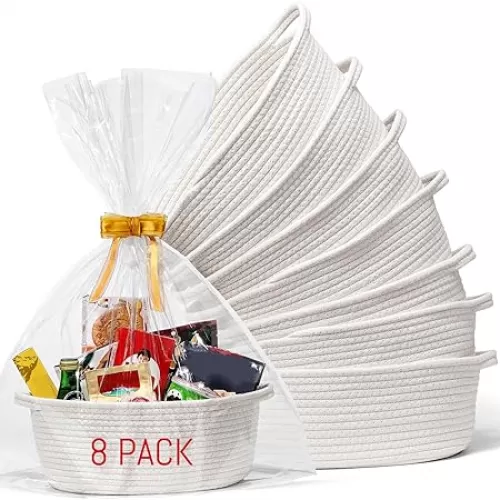 8 Pack Small Woven Basket with Gift Bags and Ribbons, All 12"x 8"x 5", Empty Decorative Gift Chest Box, Cute Baby Gift Basket for Nursery, Cotton Rope Room Shelf Storage Basket with Handles, White