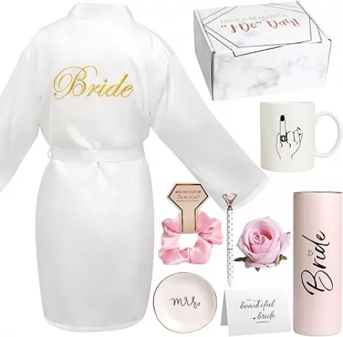 8Pcs Bridal Shower Gift, Bride to Be Gifts, Bridal Shower Gifts for Bride to Be, Gift Box Sets Bridal Silk Robes Tumbler Cup Mug Jewelry Tray, Wedding Engagement Gift for her(XL)