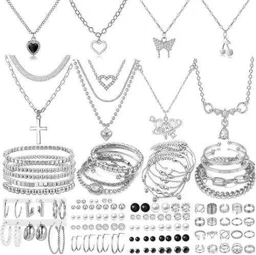 92 PCS Silver Plated Jewelry Set with 8 PCS Necklace, 19 PCS Bracelet, 44 PCS Stud Hoop Earring, 21 Pcs Knuckle Rings for Women Valentine Anniversary Friendship Gift
