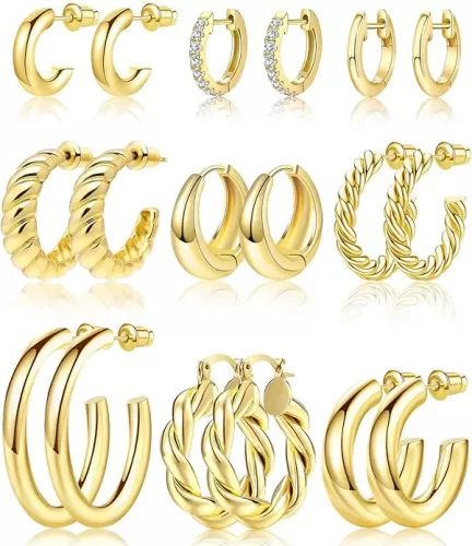 Adoyi 9 Pairs Gold Hoop Earrings Set for Womens Twisted Huggie Hoops Earrings 14K 18K Gold Plated for Girls Valentines Mother