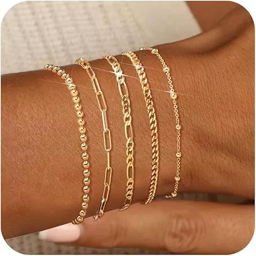 adoyi Gold Bracelets for Women, 14K Gold Plated Stackable Bracelet Stack Set Adjustable Charm Paperclip Chain Cuban Link Layered Waterproof Jewelry Sets Gifts for Womens 6.0/6.8/7.2"