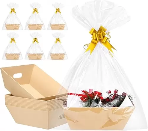 AFOROEOA 10PACK Baskets For Gifts Empty, 10x12”Thick Kraft Gift Basket with 10 Bows 10 Bags Empty Gift Baskets for Christmas, Valentine’s Day, Easter, Birthdays, Snacks, Farmers Market