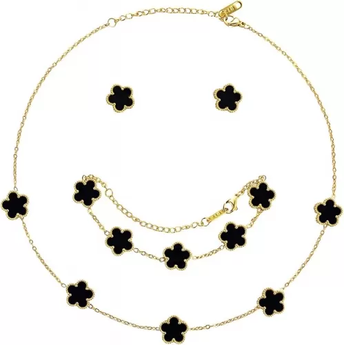 AmorArtSky Lucky Clover Jewelry Set - 18K Gold Plated Flower Design Five Leaf Bracelet, Necklace Pendant, Earrings for Women - Lucky Gifts for Mom, Wife, Daughter, Friends