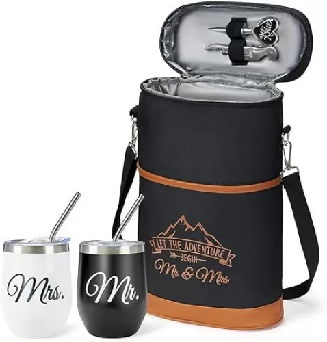 AW BRIDAL Engagement Bridal Shower Wedding Gifts for Newlyweds Couples Bride Groom, Anniversary Mr Mrs Insulated Wine Tumbler Set of 2 with Lids Straws Wine Cooler Bag for 2 Bottles with Accessories