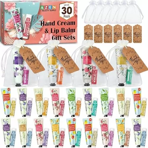 AZEN 30 Sets Bulk Gifts, Hand Cream and Lip Balm Bulk Set with Organza Bag Thank You Card, Baby Shower Wedding Gifts for Guests, Bridal Wedding Favors for Guests, Thank You Gifts for Women