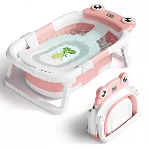 Baby Bathtub, Collapsible Newborn Bathtub for Infant to Toddler 0-24 Months with Soft Cushion and Thermometer, Portable Travel Newborn Tub with No-Slip Feet, Baby Shower Gifts, Grey