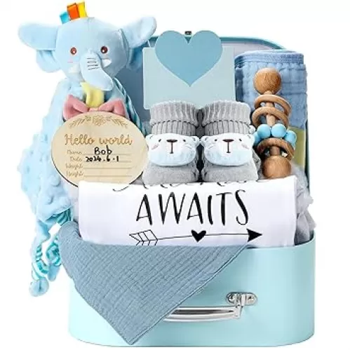 Baby Gift Set Baby Shower Gifts Basket for Newborns New Born Baby Sage Green Gift Basket with Baby Rattle Swaddle Security Blanket for Gender Neutral Baby Girls Boys