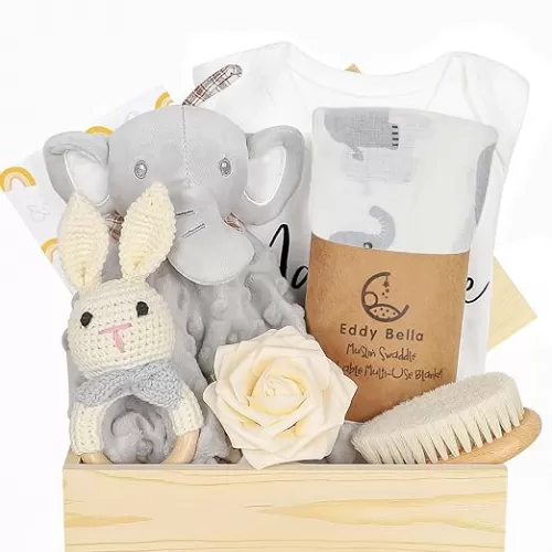 Baby Gift Set for Newborn, Baby Shower Gifts, Wooden Baby Gift Basket Essentials Includes Infant Swaddle Blanket Onesies Rattle Toy Hair Bursh, New Born Baby Christmas Gifts for Girls Boys