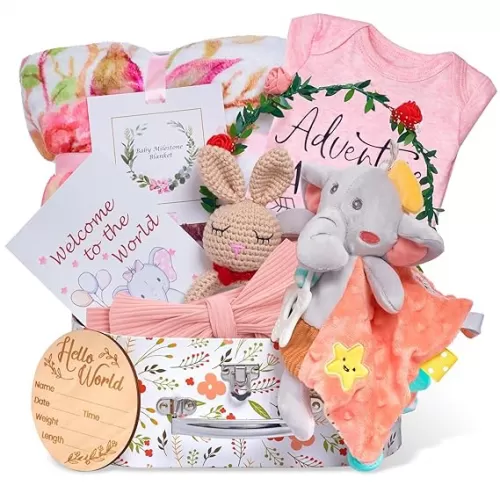Baby Girl Gifts, Baby Shower Gifts for Girls, New Born Baby Girls Gift, Baby Girl Gift Basket, Unique Baby Gift Essential, Gender Reveal Gifts, Rattle Swaddle Blanket Baby Girl Gifts